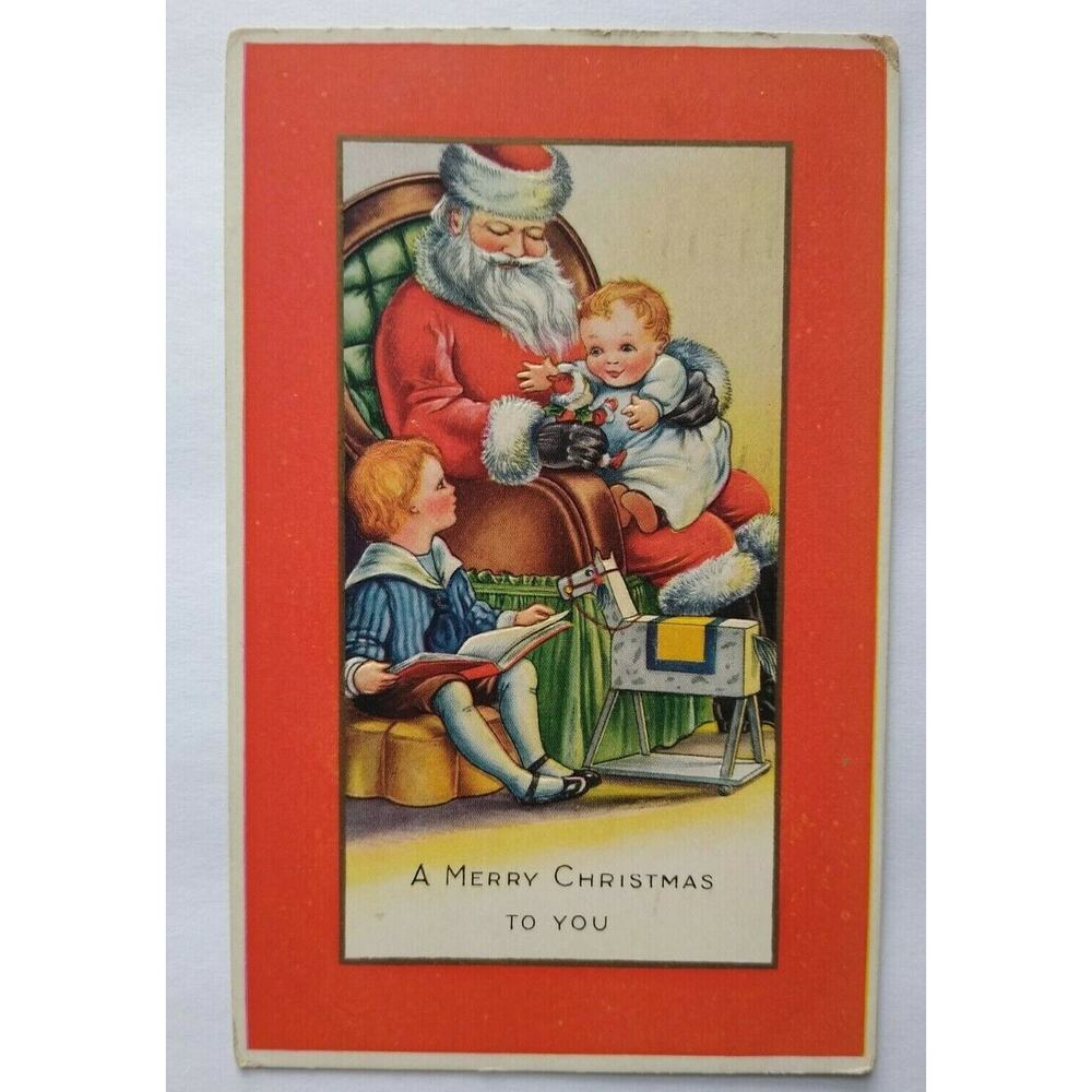 Vintage Christmas Postcard Santa Claus Baby Whitney Oneida NY 1919 Red Border